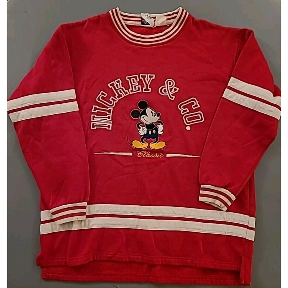 Vintage Disney Crew Hockey Sweatshirt XLarge Mickey Mouse Red Embroider Graphic